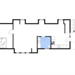 Wohnung mit Schlafzimmer, Küche und Bad. Mit Treppe nach oben.