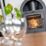 Ein Kaminofen mit brennendem Feuer, im Vordergrund unscharf ein Glas und eine Pflanze.