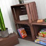Holzregale mit Büchern, Spielen und einer Pflanze.