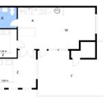 Wohnung mit Küche, Bad, zwei Schlafzimmern und Terrasse.