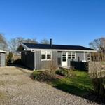 Moderne Holzhütte mit Garten und Garage. Klarer Himmel und Bäume im Hintergrund.