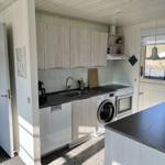 Küche mit Spüle, Kochfeld, Waschmaschine und Arbeitsplatte.