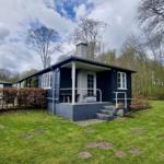 Ein dunkelblaues Haus mit weißem Vordach und Rasenfläche.