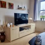 Wohnzimmer mit TV, Sofa und Fensterblick