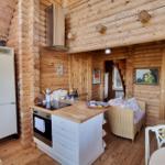 Küche mit Essbereich und Wohnzimmer in Holzhaus. Kühlschrank, Herd und Sofa sichtbar.