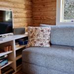 Ein grauer Sofa mit Kissen, Fernseher und Bücherregal in einem Holzhaus.