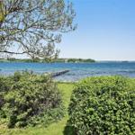 Blick auf einen See mit Steg und Baum im Vordergrund.