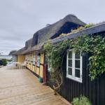 Haus mit Strohdach und Holzterrasse, umgeben von Grün und Wasser.