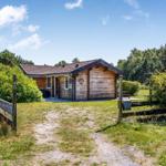 Holzhaus mit Garten und Wald im Hintergrund.