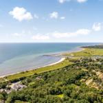 Aerial view of coastal area with beach, greenery, and scattered houses.
