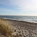Strand mit Sand und Dünengras am Meer unter blauem Himmel.