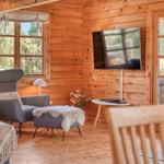 Wohnraum mit Holzwand, Sessel, Fernseher und Fenster.