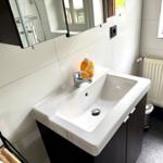 Badezimmer mit Dusche, Waschbecken und Fenster in der Ferienwohnung Harztraum an der alten Stadtmauer in Blankenburg