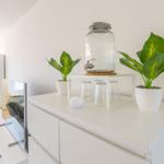 Weißer Schrank mit Pflanzen, Wasserglas und Gläsern. Fernseher und Wohnbereich im Hintergrund.