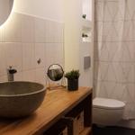 Bathroom with basin on wood, toilet, and shower curtain.