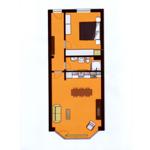 Floor plan with bedroom, kitchen, bathroom, and living room.