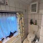 Bathroom with toilet, window, and shower curtain.