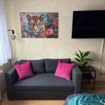 Living area with sofa, TV, and wall art featuring a tiger.