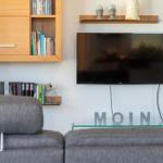 Wohnzimmer mit Sofa, Fernseher und Bücherregal an der Wand.