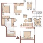 Wohnung mit Küche, Essbereich, Schlafzimmer und Bad. Außenbereich mit Sitzgelegenheit.