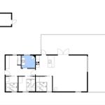 Apartment with kitchen, bathroom, and three bedrooms.