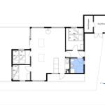 Apartment with three bedrooms, kitchen, and bathroom. Outdoor area with garage.