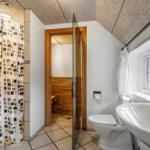 Badezimmer mit Dusche, Toilette, Waschbecken und Sauna.