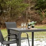 Außenbereich mit Tisch, zwei Stühlen, Champagner und Pflanze auf schneebedecktem Gras.
