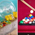 Pool mit Schwimmringen und Schwimmbrillen. Billardtisch mit Kugeln und Queue.