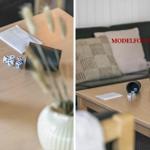 Holztisch mit Würfeln, Bechern und Pflanze vor Sofa mit Kissen