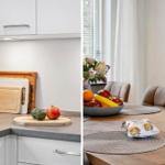 Kitchen with knife block and fruit. Dining area with table, chairs, and fruit bowl.