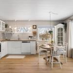 Kitchen with dining area, white cabinets, and wooden floor. Table with chairs and windows.