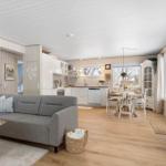 Living and dining area with kitchen, sofa, and wooden floor.