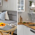 Living area with sofa and glass table. Kitchen with wooden worktop and sink.