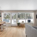 Living and dining area with wooden floor, large windows and TV. Outside snow and trees.