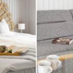 Bedroom with bed, headboard, and book. Living room with sofa, book, and drinks.