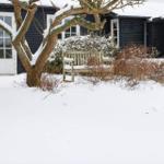 Schnee bedeckt einen Garten mit Bank und Baum vor einem Haus.