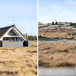 Haus mit Strohdach und Terrasse im Grasland. Zwei Personen wandern auf Dünen.