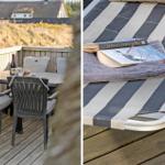 Terrasse mit Tisch und Stühlen, Blick auf Dünen. Liegestuhl mit Buch und Handtuch.