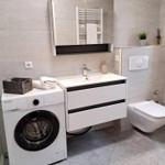 Badezimmer mit Waschmaschine, Spiegelschrank und Toilette