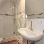 Badezimmer mit Dusche, Waschbecken und Spiegel