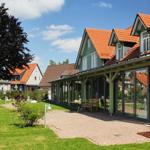 Grünes Haus mit rotem Dach und großem Glasbereich. Garten mit Rasen und Terrasse.
