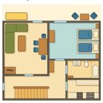 Ferienhaus Waldblick: Floor plan 1st floor with living area, bedrooms, and bathroom.
