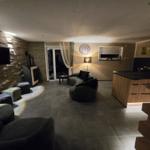 Wohnbereich mit Sitzgelegenheiten, Kamin und Küchenbereich.