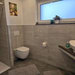 Bad mit Dusche, WC und Waschbecken. Fenster mit Pflanze und Bild.