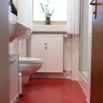 Badezimmer mit Toilette, Waschbecken und Dusche. Rote Fliesen und Fenster mit Blumen.