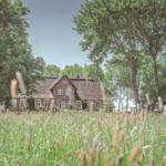 Haus mit Strohdach und weißen Fenstern zwischen Bäumen und Gras.