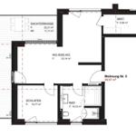 Wohnung mit Schlafzimmer, Bad, Wohnbereich und Dachterrasse.