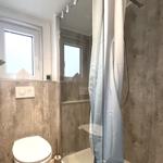 Badezimmer mit Dusche, Toilette und Fenster.