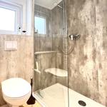 Badezimmer mit Dusche, Toilette und Fenster